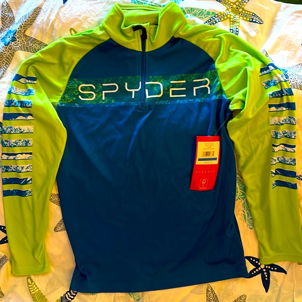 SPYDER Boys XL blue/green peak zip T neck, never worn